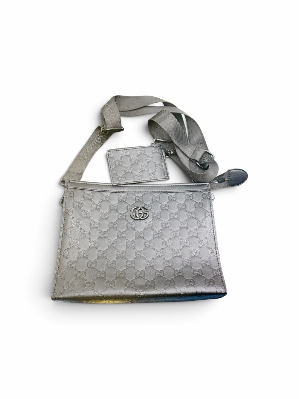 Gucci Metallic Silver GG Leather Crossbody Bag with Cardholder
